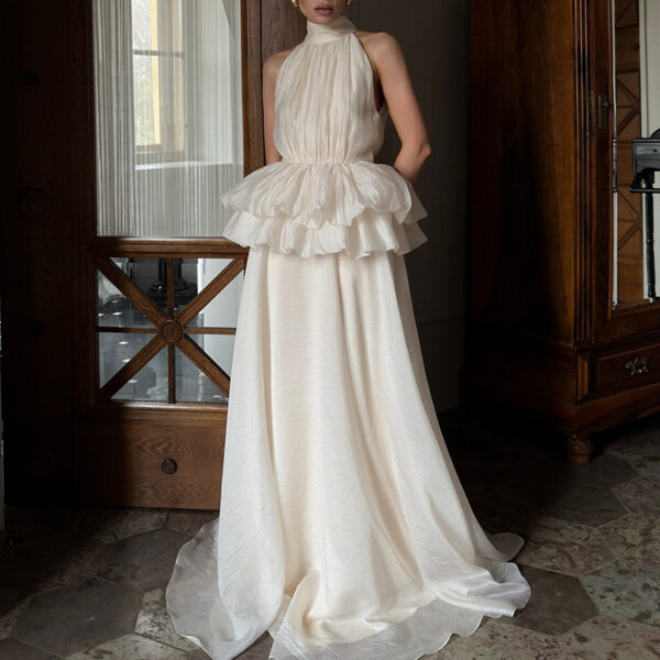 Long Ruffled Dress Sleeveless Stand Collar Solid Color Dress