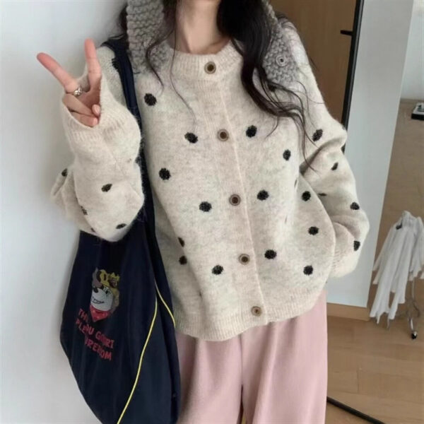 Loose Casual Sweater Polka Dot Round Neck Button Women's Sweater