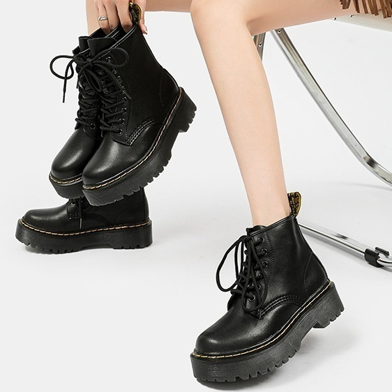 Platform Martin Boots Women's Thickened Real Leather Black Flat Bottom