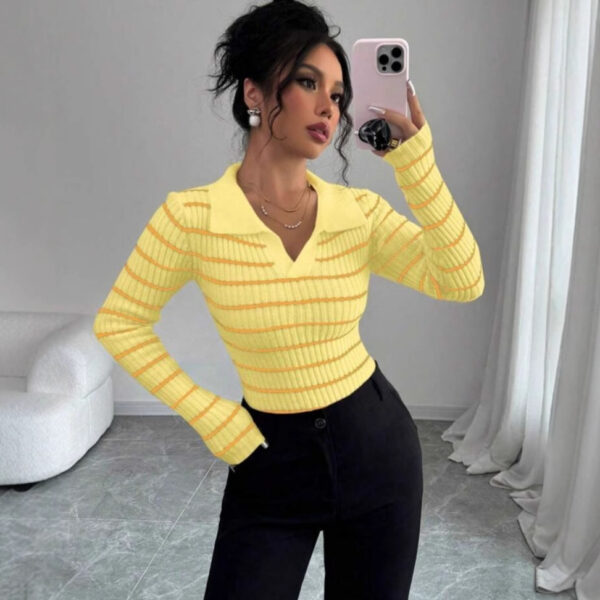 Striped Long Sleeve T-shirt Slim Fit Base Knitting Women