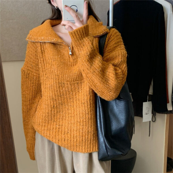 Half Zipper And Lapel Sweater Women's Knitted Blouse