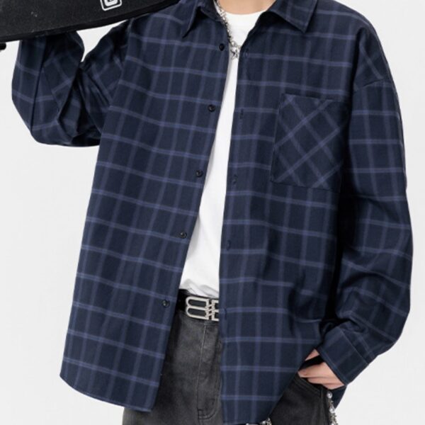 Autumn New Casual Large Size Long Sleeve Plaid Lapel Loose Shirt Coat