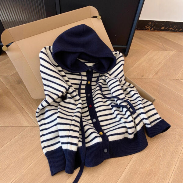 Hooded Color Buckle Knitted Cardigan Loose Western Style Striped Hooded Top
