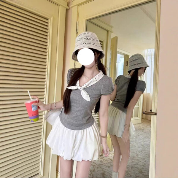 Korean Style Polka Dot Bow Slim Fit Slimming Short Sleeve