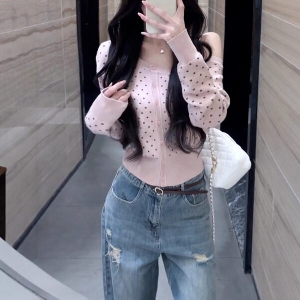 Polka Dot Long Sleeve Diagonal Cardigan Sweater Women's Casual Coat