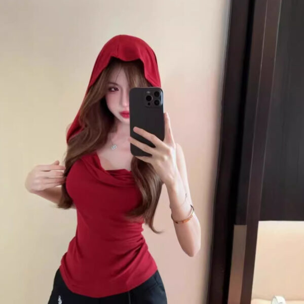 American Style Swing Collar Red Hooded Vest For Women Summer