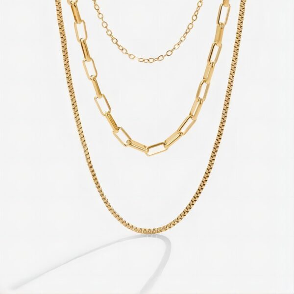 Gold-plated Paper Clip Box Chain Stainless Steel Necklace Three-layer Twin Necklace Ornament Titanium Steel