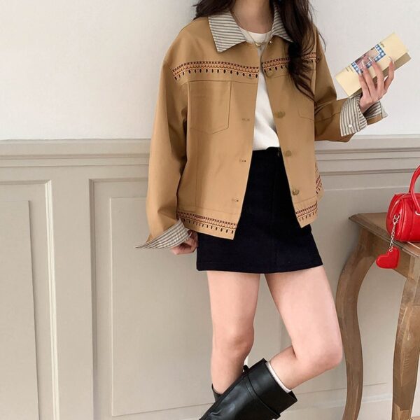 Embroidered Striped Lapel Casual Coat Short