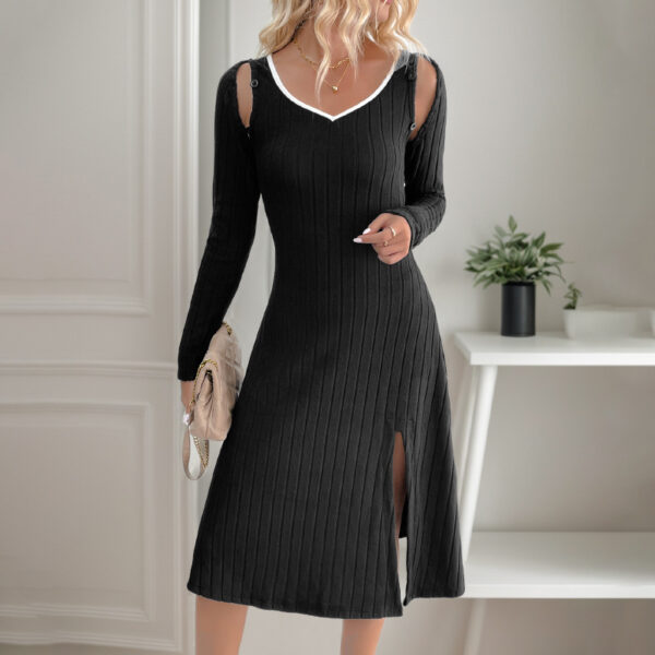 Elegant Style Detachable Long Sleeve V-neck Black Knitted Dress