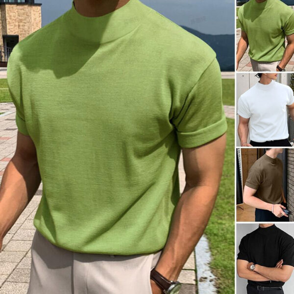 Korean Style Base Shirt Men's Solid Color Turtleneck Short Sleeve T-shirt